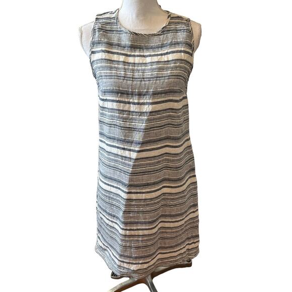 Kenar Striped Linen Sleeveless Shift Dress Blue Cream 2 - Picture 1 of 5